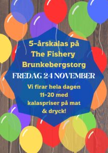 5 year anniversary announcement with lots of colorful balloons for The Fishery Brunkebergstorg